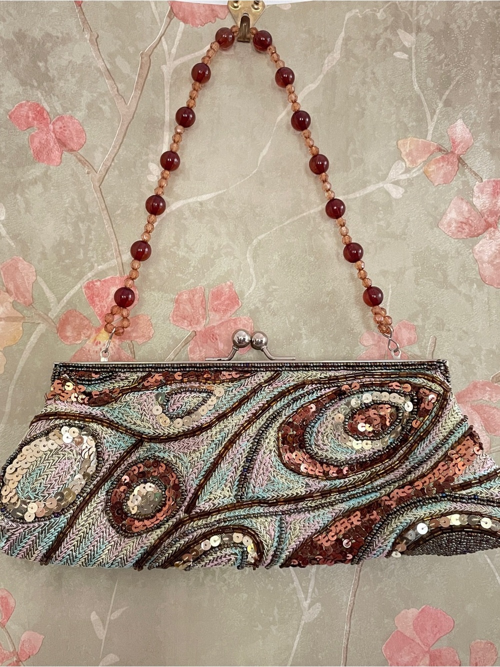 Y2K Beaded Sequin Clutch Art Deco Gatsby Glam Evening Kiss Lock Purse Dance